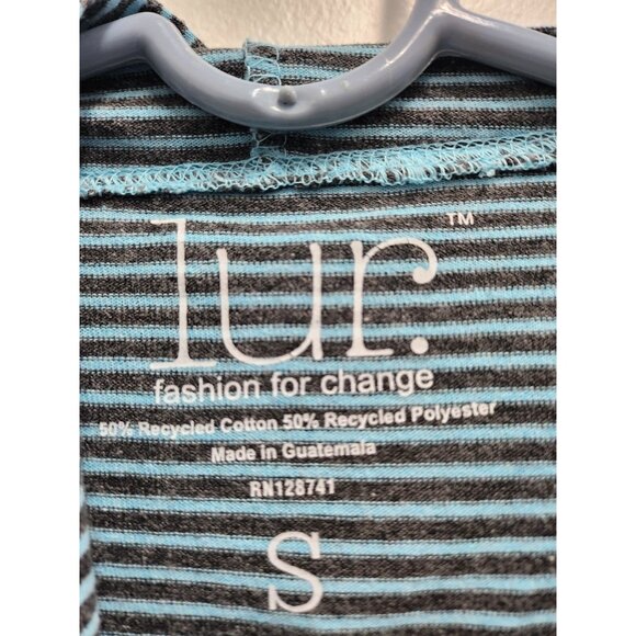 Lur Lagenlook Hoodie Womens Small Teal Navy Striped Full Zip 3/4 Sleeve Casual - Picture 5 of 7